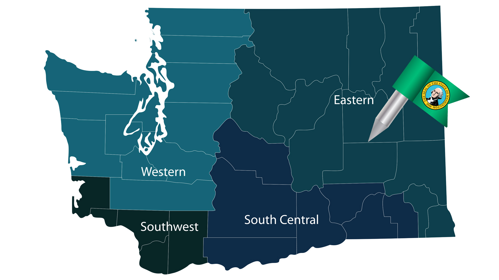 Map of Washington with pin in Eastern Washington region